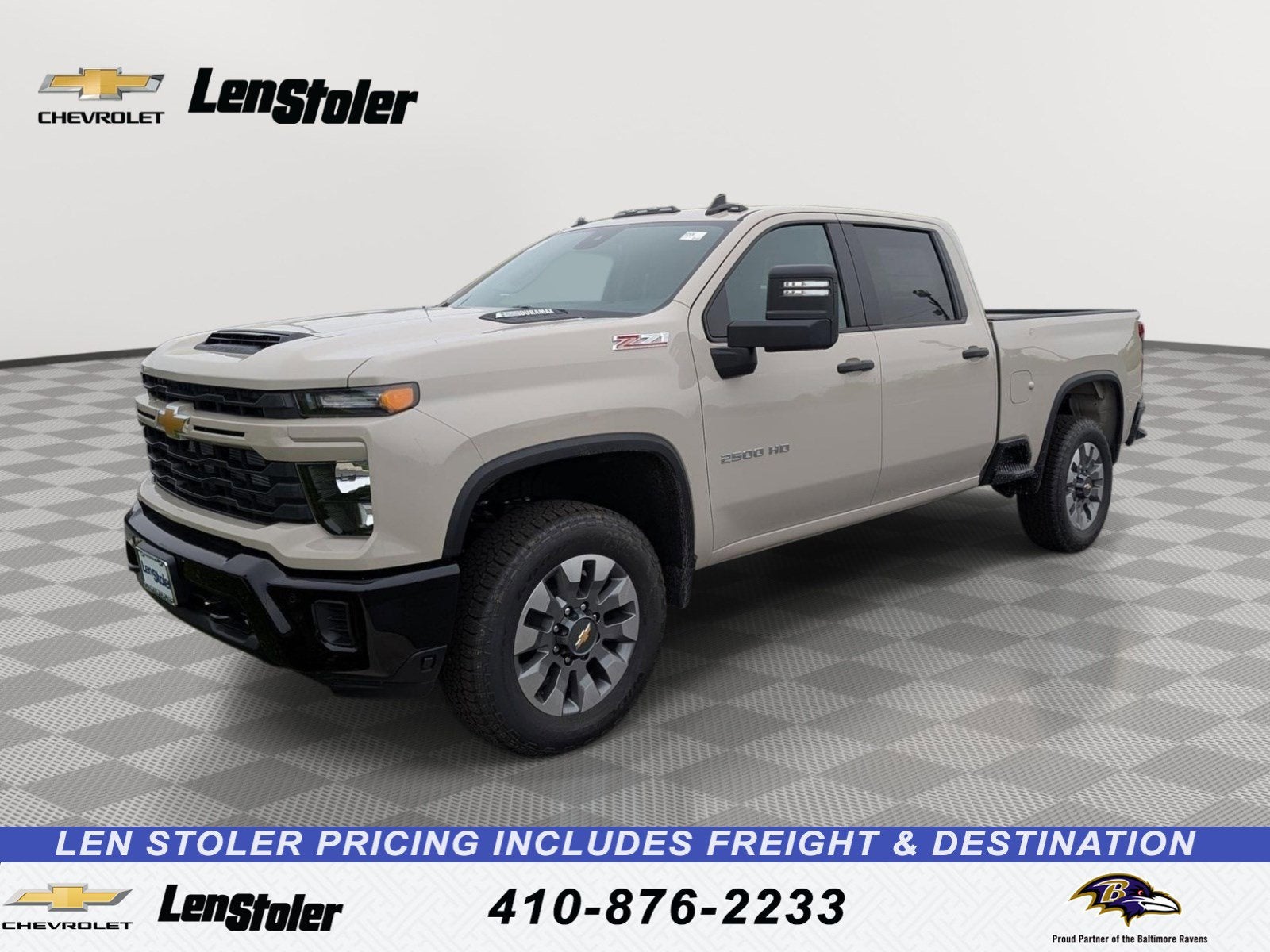 2026 Chevrolet Silverado 2500 HD Custom in White Sands — front three-quarter view