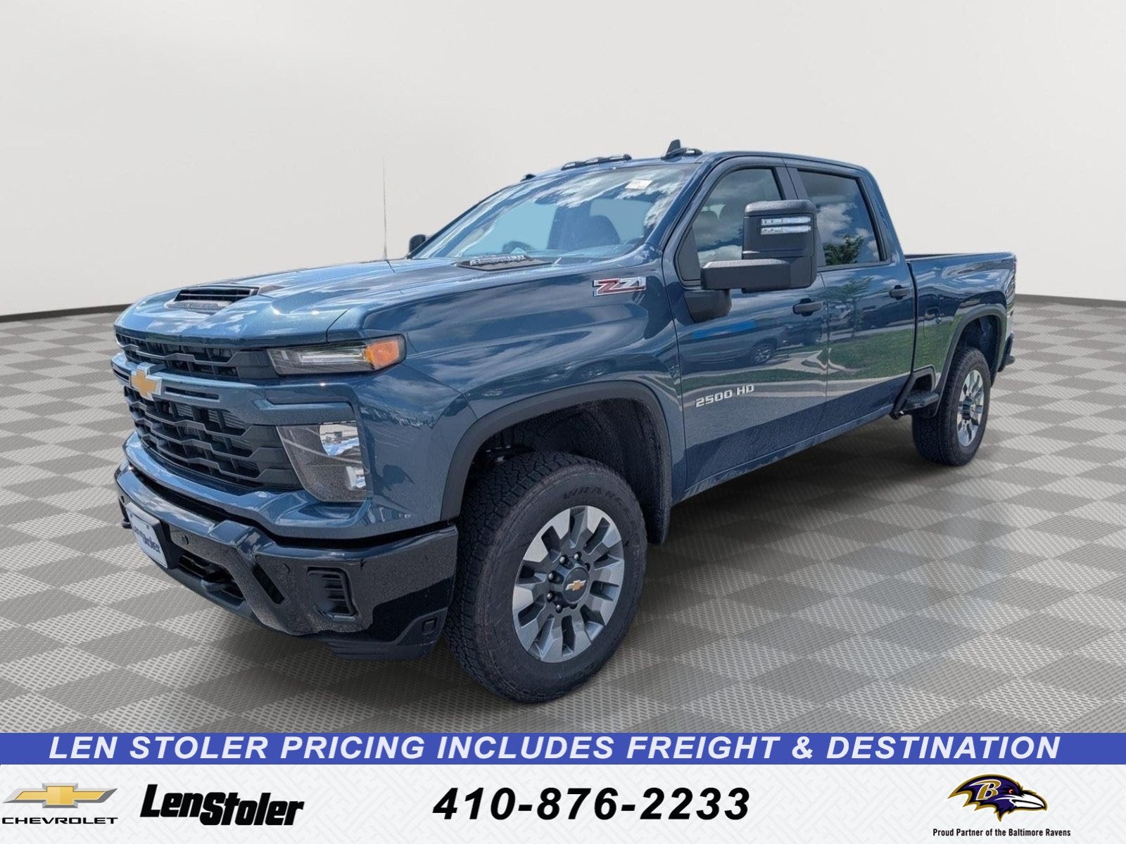2026 Chevrolet Silverado 2500 HD Custom in Lakeshore Blue Metallic — front three-quarter view