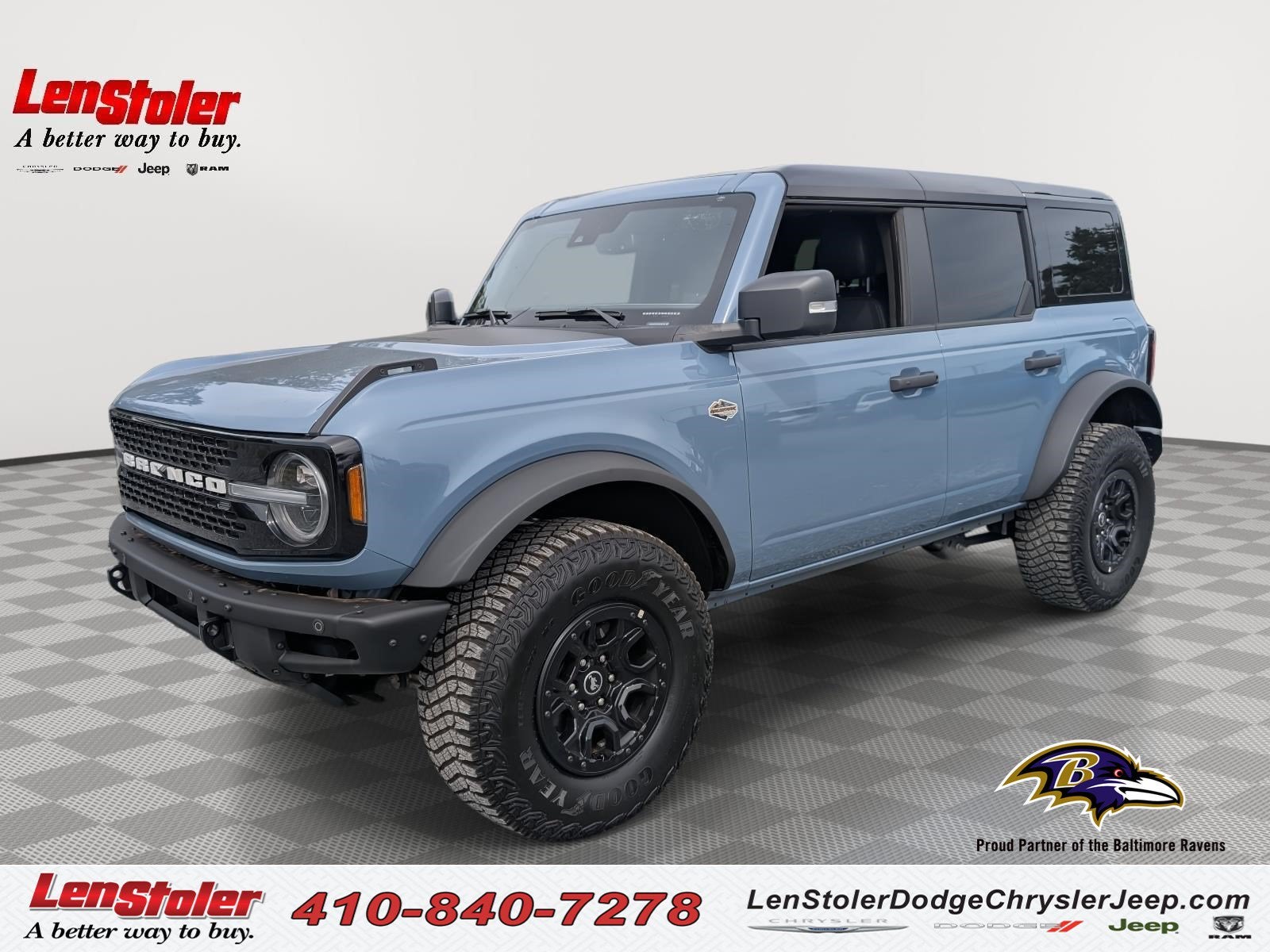 2024 Ford Bronco Wildtrak in Azure Gray Metallic Tri-Coat — front three-quarter view