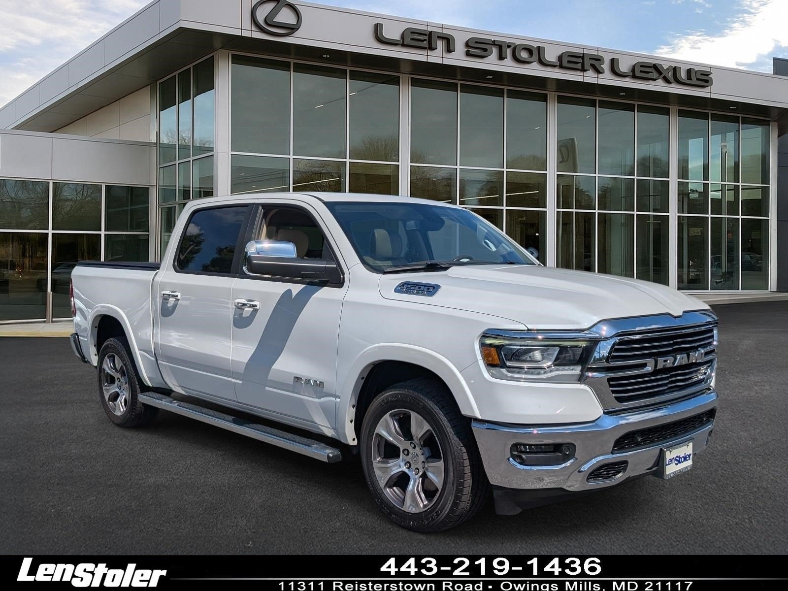 2020 RAM 1500 Laramie in Ivory White Tri Coat Pearlcoat — front three-quarter view
