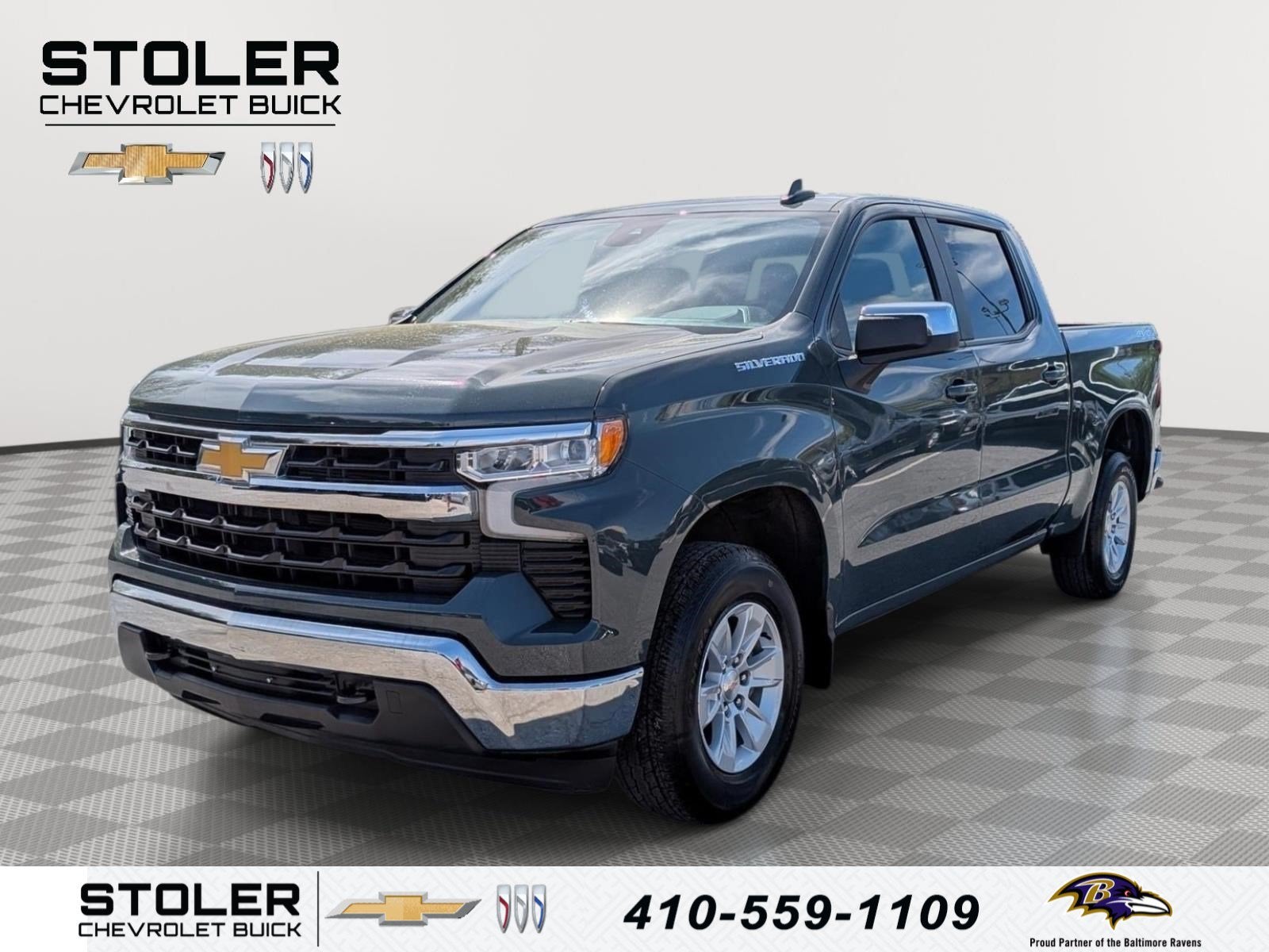 2025 Chevrolet Silverado 1500 LT in Cypress Gray — front three-quarter view