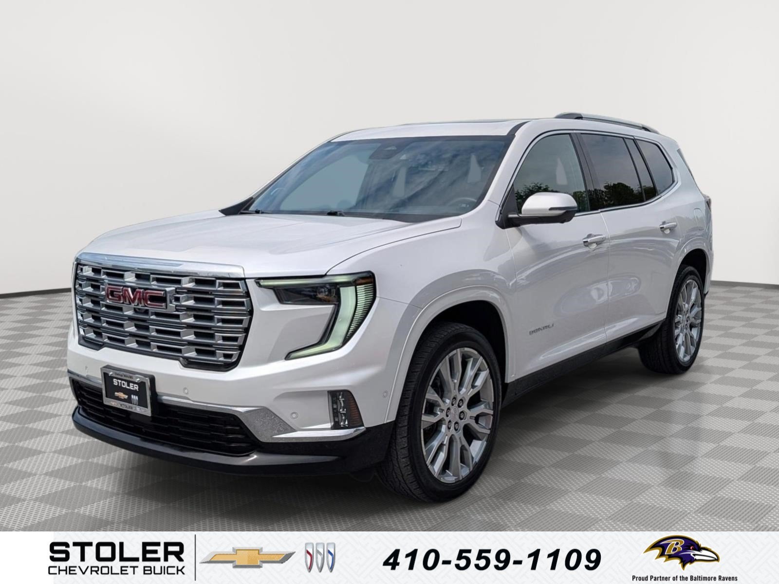 2024 GMC Acadia Denali in White Frost Tricoat — front three-quarter view