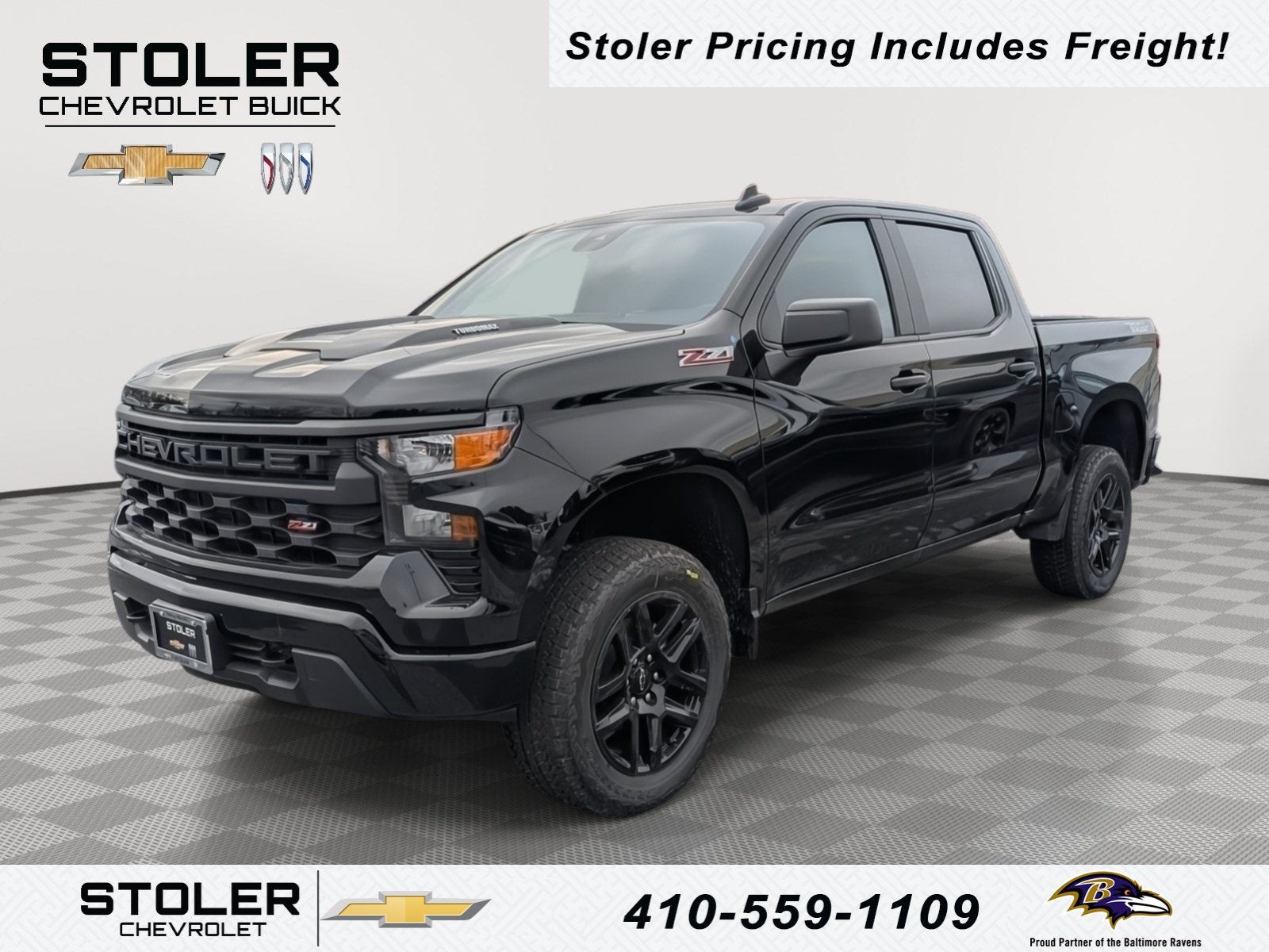 2026 Chevrolet Silverado 1500 Custom Trail Boss in Black — front three-quarter view